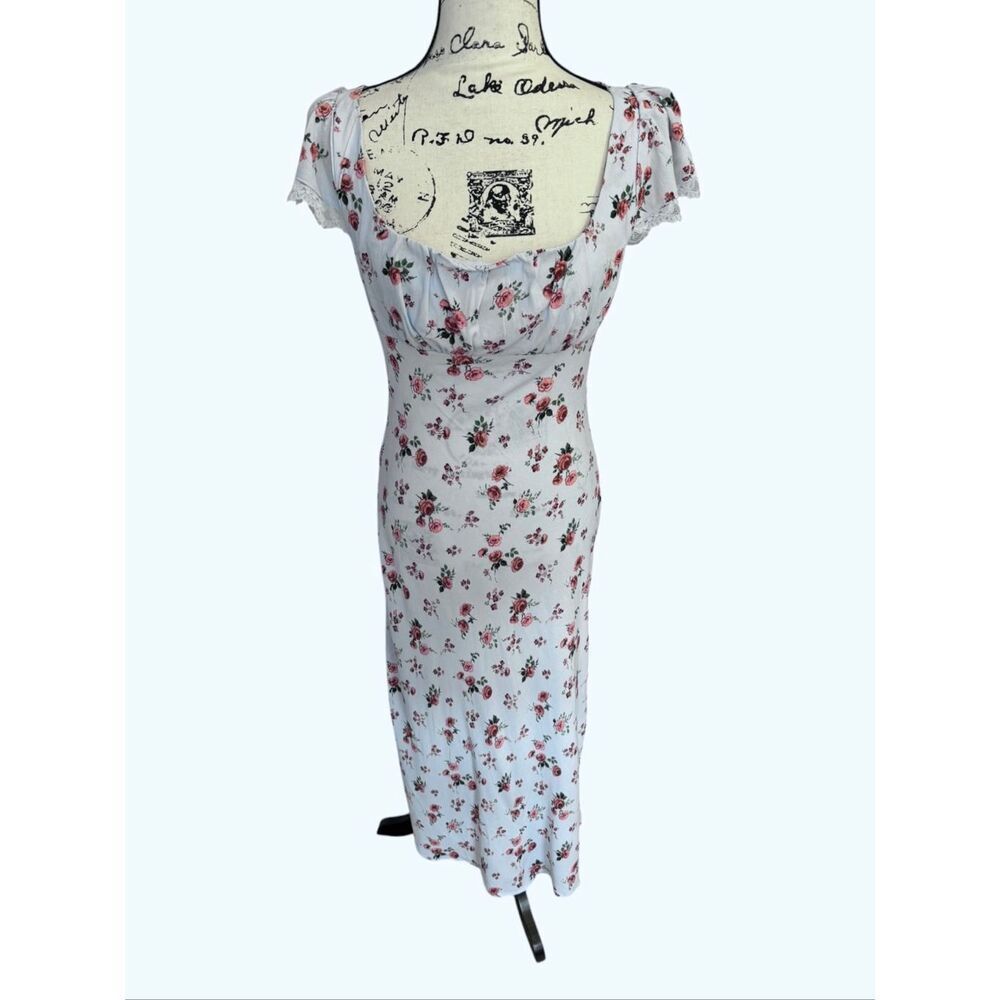 NWT Wild Fable Floral Maxi Dress Light Blue Salmon Roses Open Back Lace Trim XS